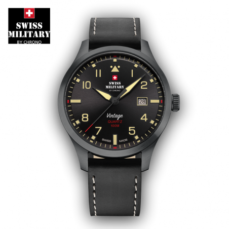 Montre à Aiguilles Vintage - 100 M - Swiss Military - Cuir noir