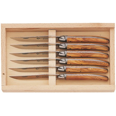 Coffret 6 couteaux de table bois d'olivier Laguiole