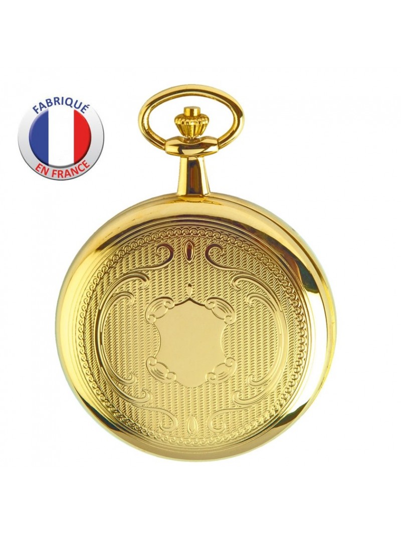 Montre de Poche couvercle - Fabrication Française - Motif écusson - Plaqué or