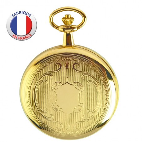 Montre de Poche couvercle - Fabrication Française - Motif écusson - Plaqué or