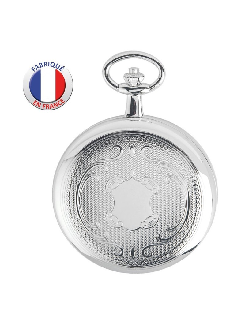 Montre de Poche couvercle - Fabrication Française - Motif écusson - Argentée