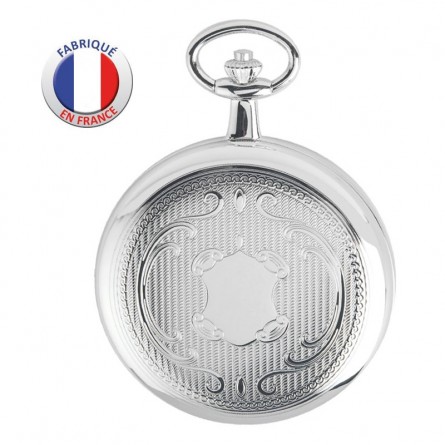 Montre de Poche couvercle - Fabrication Française - Motif écusson - Argentée Montre de Poche couvercle - Fabrication Française - Motif écusson - Argentée