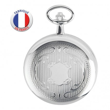 Montre de Poche couvercle - Fabrication Française - Motif écusson - Argentée