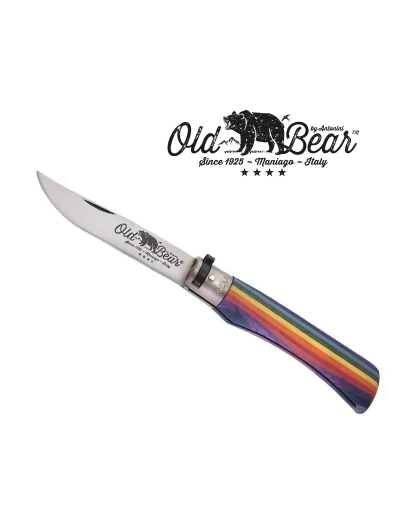Couteau OLD BEAR XS Rainbow - Virole laiton nickelé - Bois d'ayous stratifié Arc-en-Ciel
