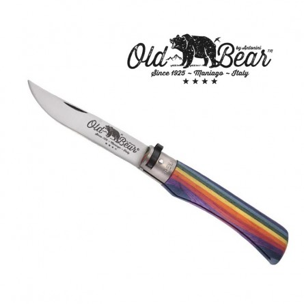 Couteau OLD BEAR XS Rainbow - Virole laiton nickelé - Bois d'ayous stratifié Arc-en-Ciel