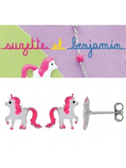 Boucles d'oreilles argent - CHEVAL -  Email blanc et fuchsia