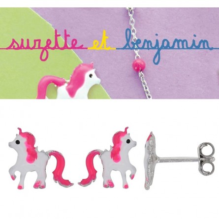 Boucles d'oreilles argent - CHEVAL -  Email blanc et fuchsia